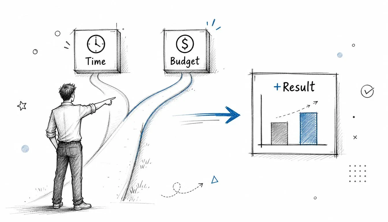 A businessman choosing between time and budget to achieve improved project results shown on a graph.