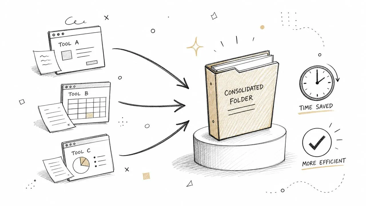 A hand-drawn illustration showing three different digital tools consolidating data into one folder for efficiency.