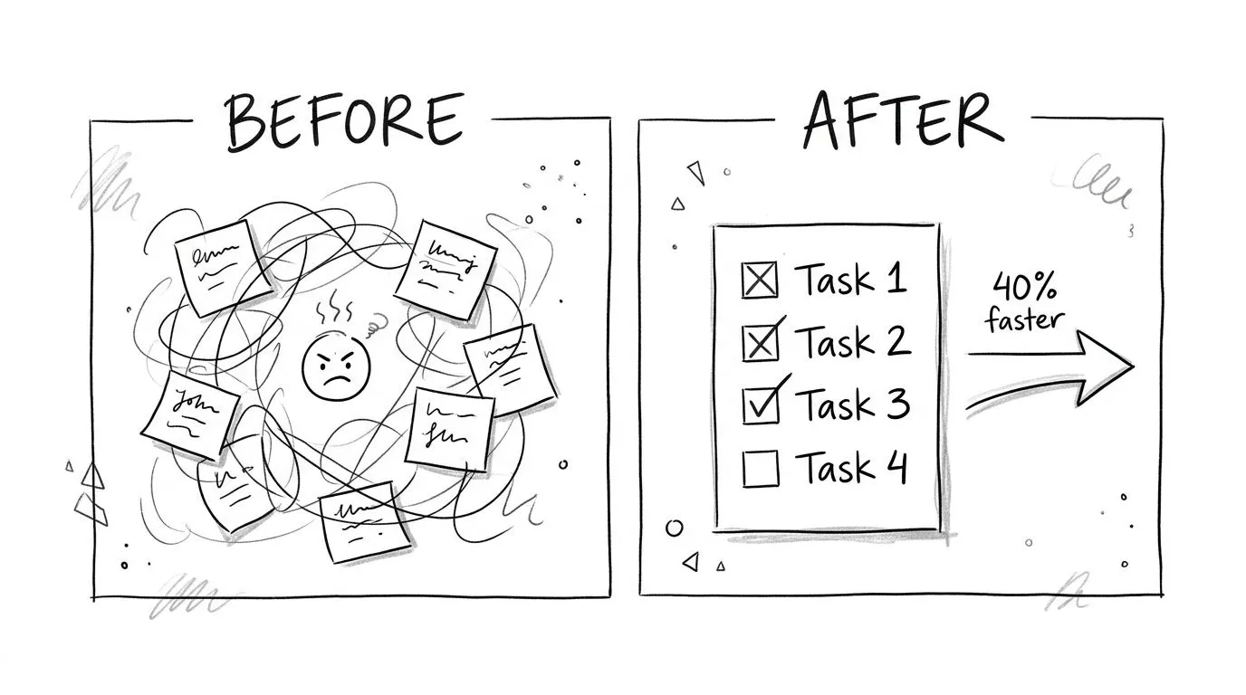 A hand-drawn comparison showing a chaotic, disorganized workflow versus an efficient, structured task list.