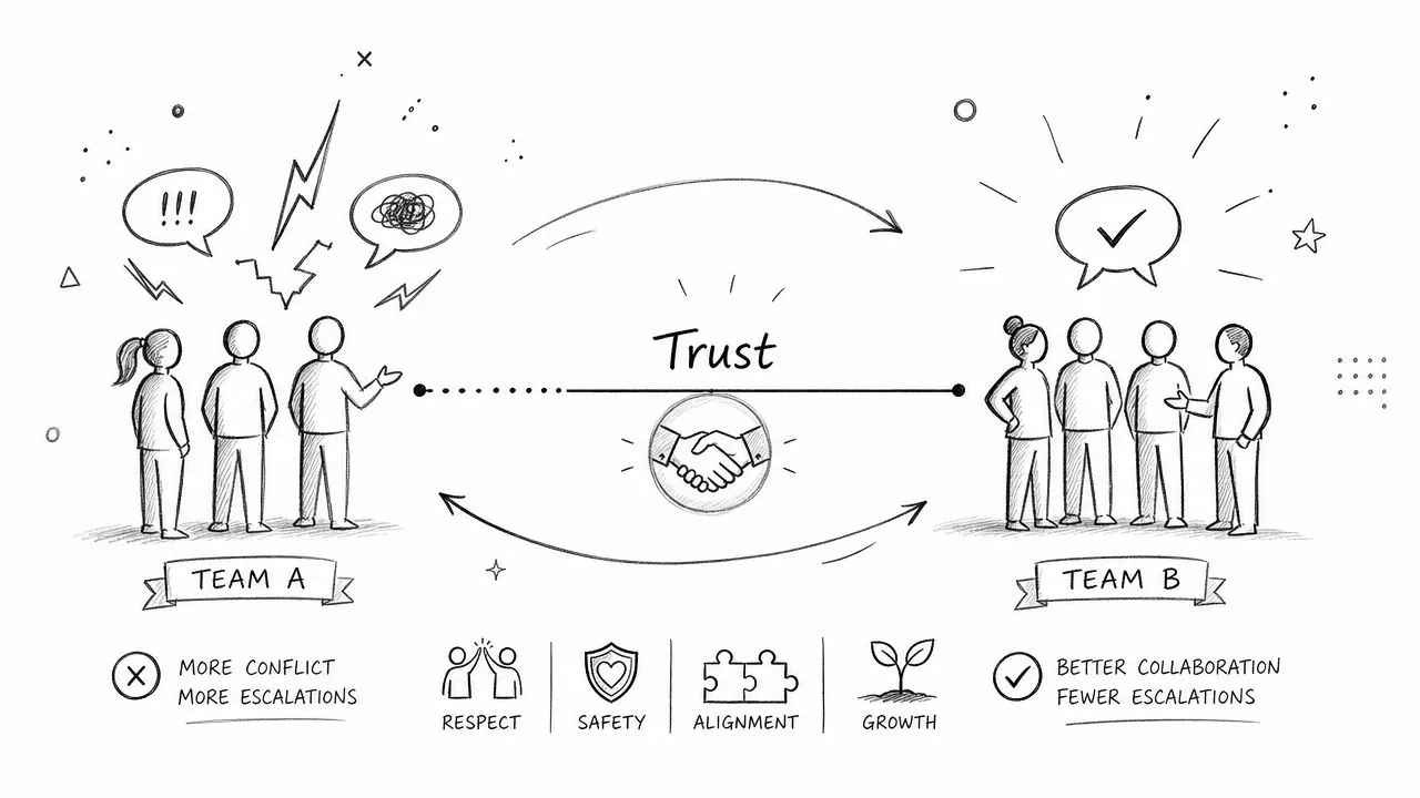 A hand-drawn illustration contrasting a low-trust team with high conflict against a high-trust team with effective collaboration.