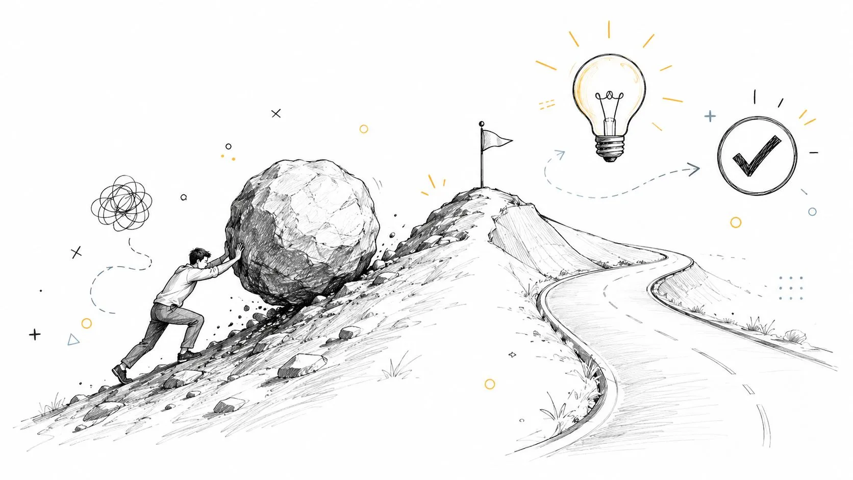A conceptual illustration of a person pushing a large boulder uphill towards a goal and success.