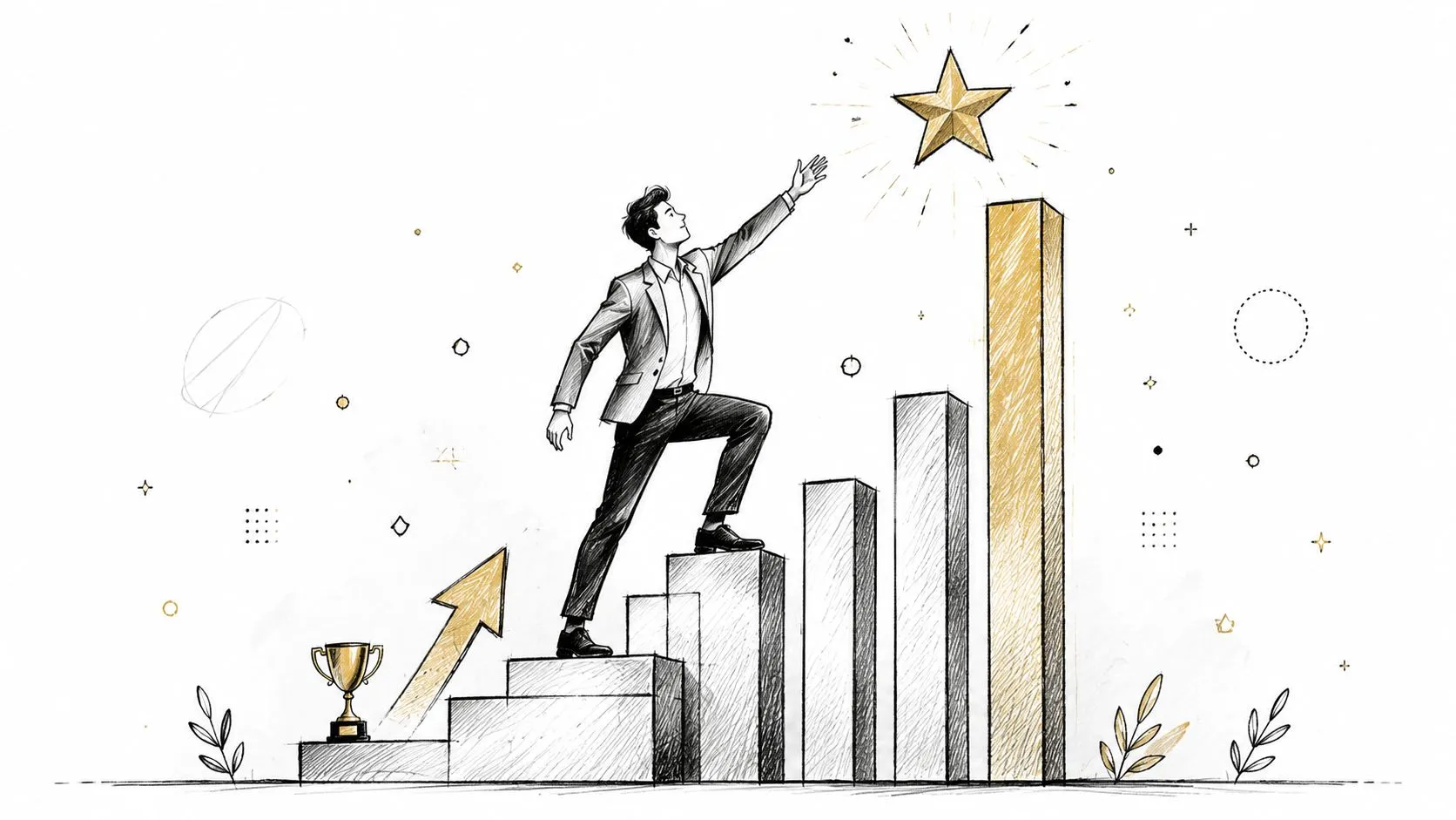 A professional man climbing a staircase of financial bar graphs reaching for a glowing golden star.