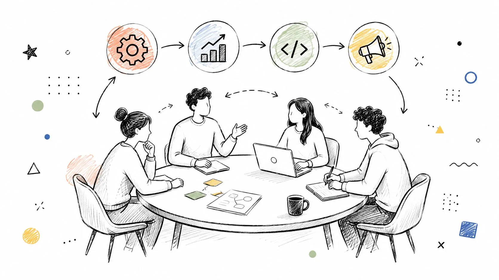 A team of four professionals collaborate around a round table during a creative business strategy meeting.