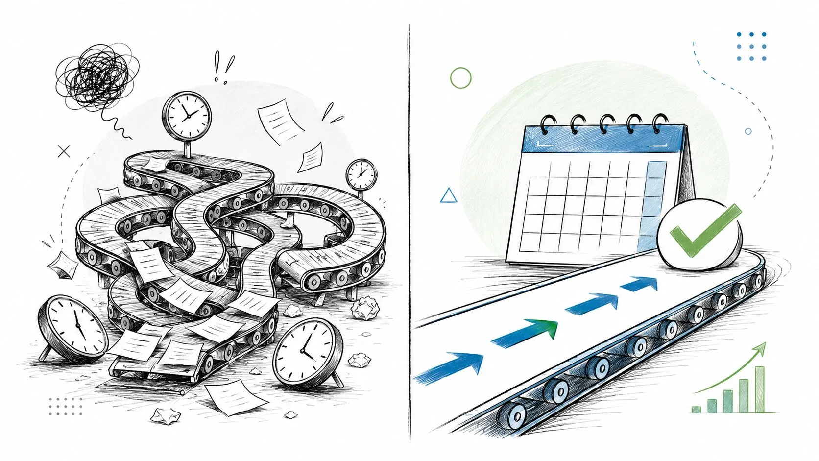 A split image showing chaotic, disorganized workflows on the left and streamlined, planned efficiency on the right.