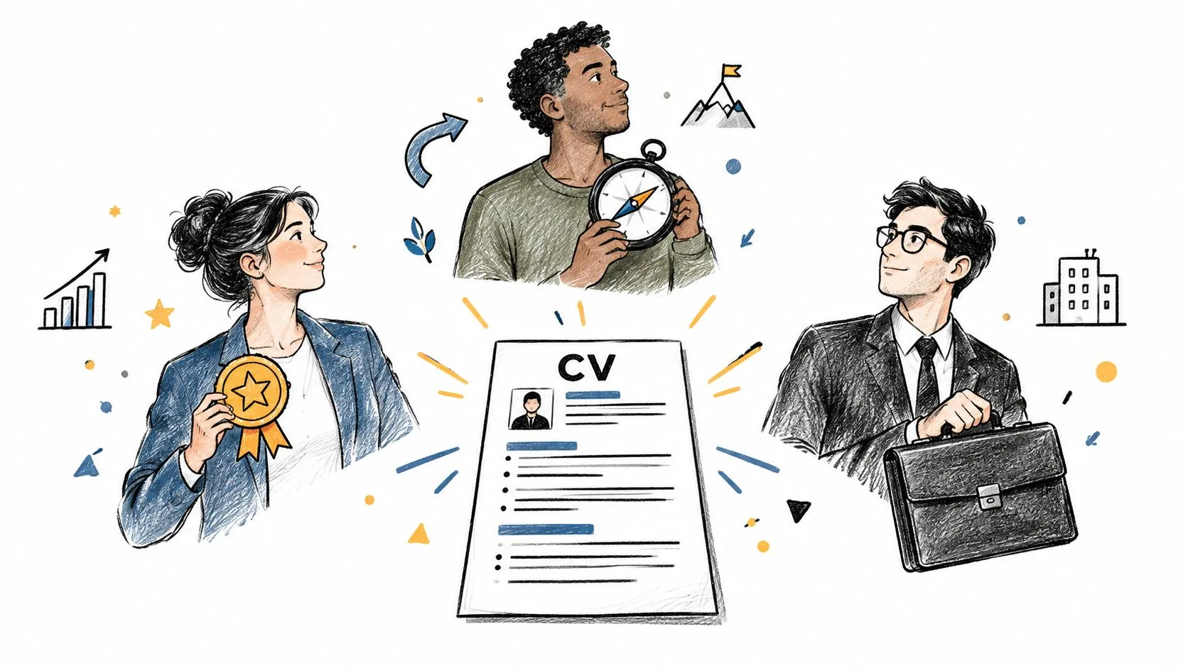 Three professional people depicted with a CV document, representing career growth, goal setting, and professional success.