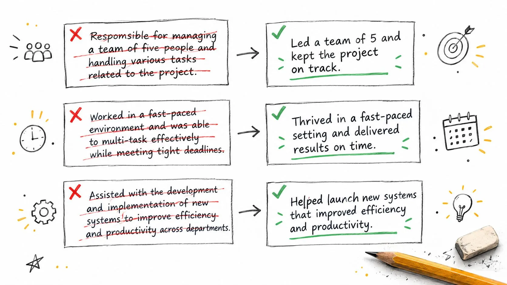 A visual guide comparing weak resume bullet points with stronger, improved professional achievements.