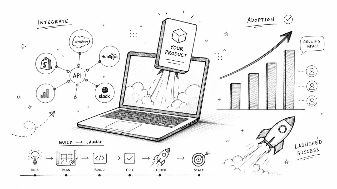 A hand-drawn illustration showing the lifecycle of software product development, from planning to launch and user adoption.