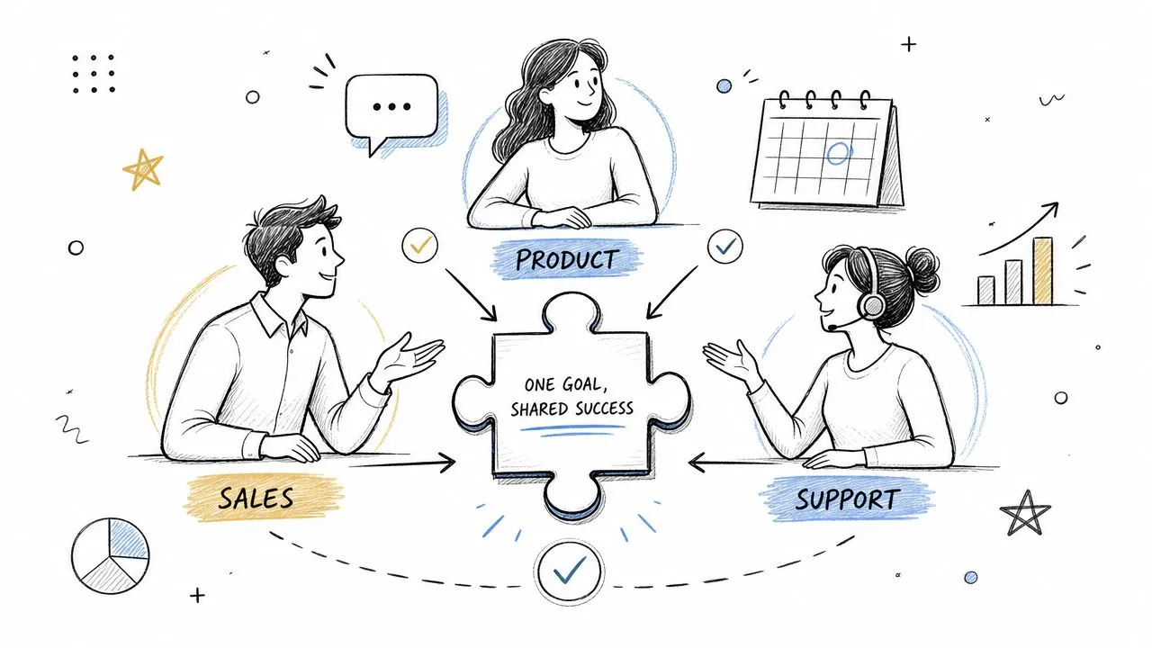 A hand-drawn illustration showing Sales, Product, and Support teams collaborating toward a common goal of shared success.