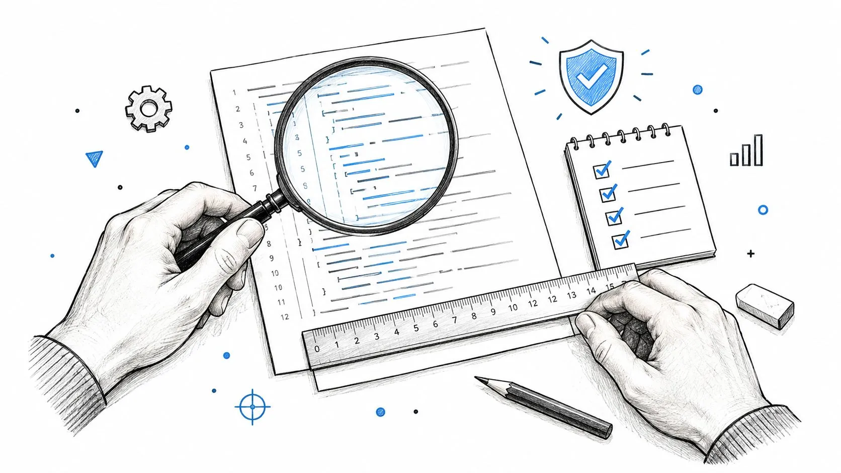A hand holding a magnifying glass over code while another hand uses a ruler on a desk.