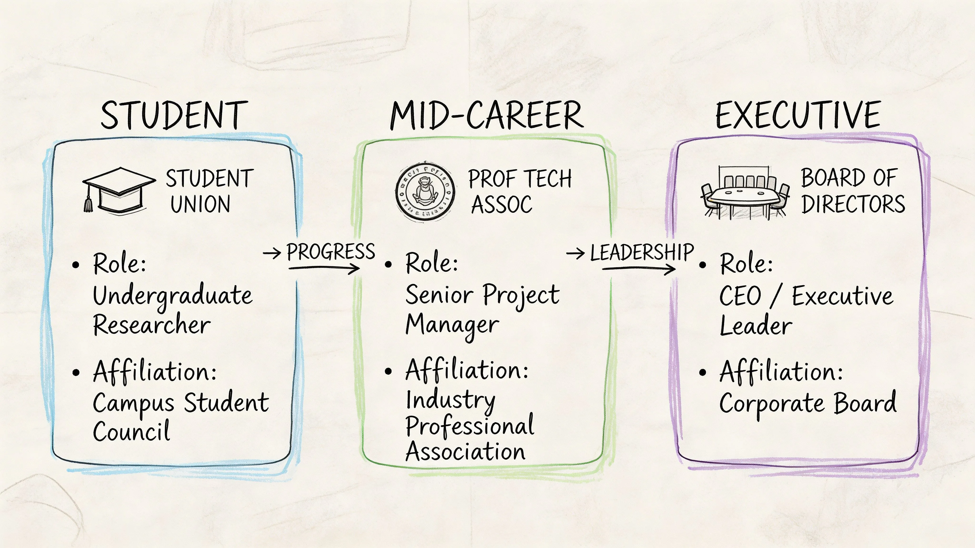 A diagram illustrating career progression from student to mid-career professional and finally to an executive leadership role.