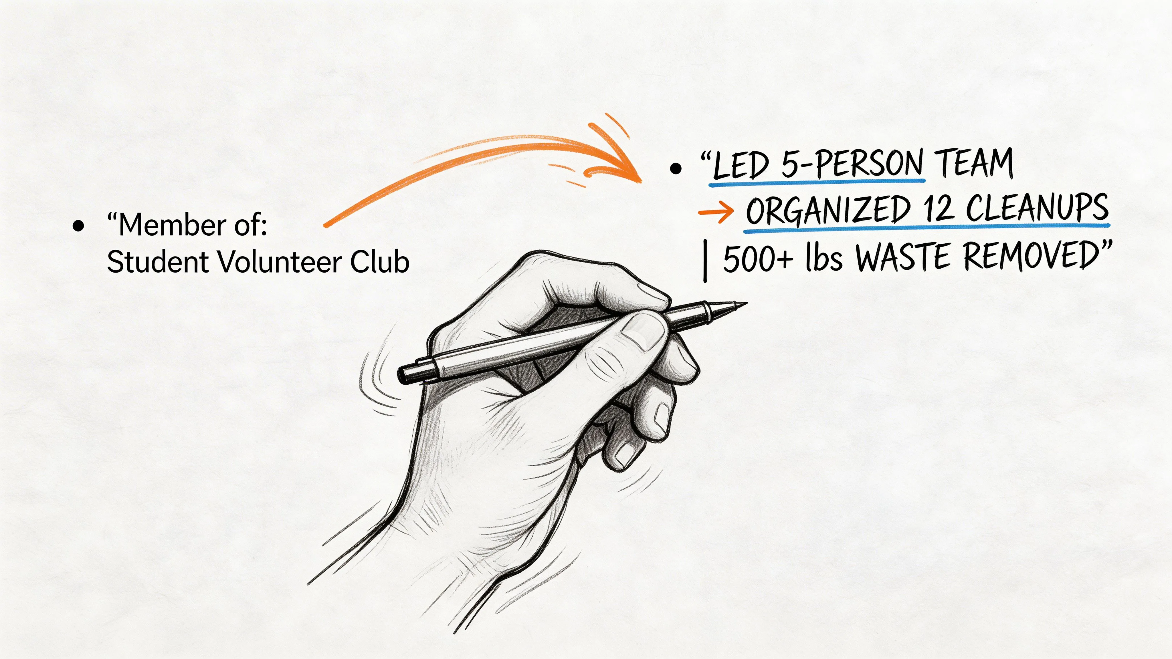 A hand drawing with a pen, illustrating the transformation of a generic club membership into impactful resume bullet points.