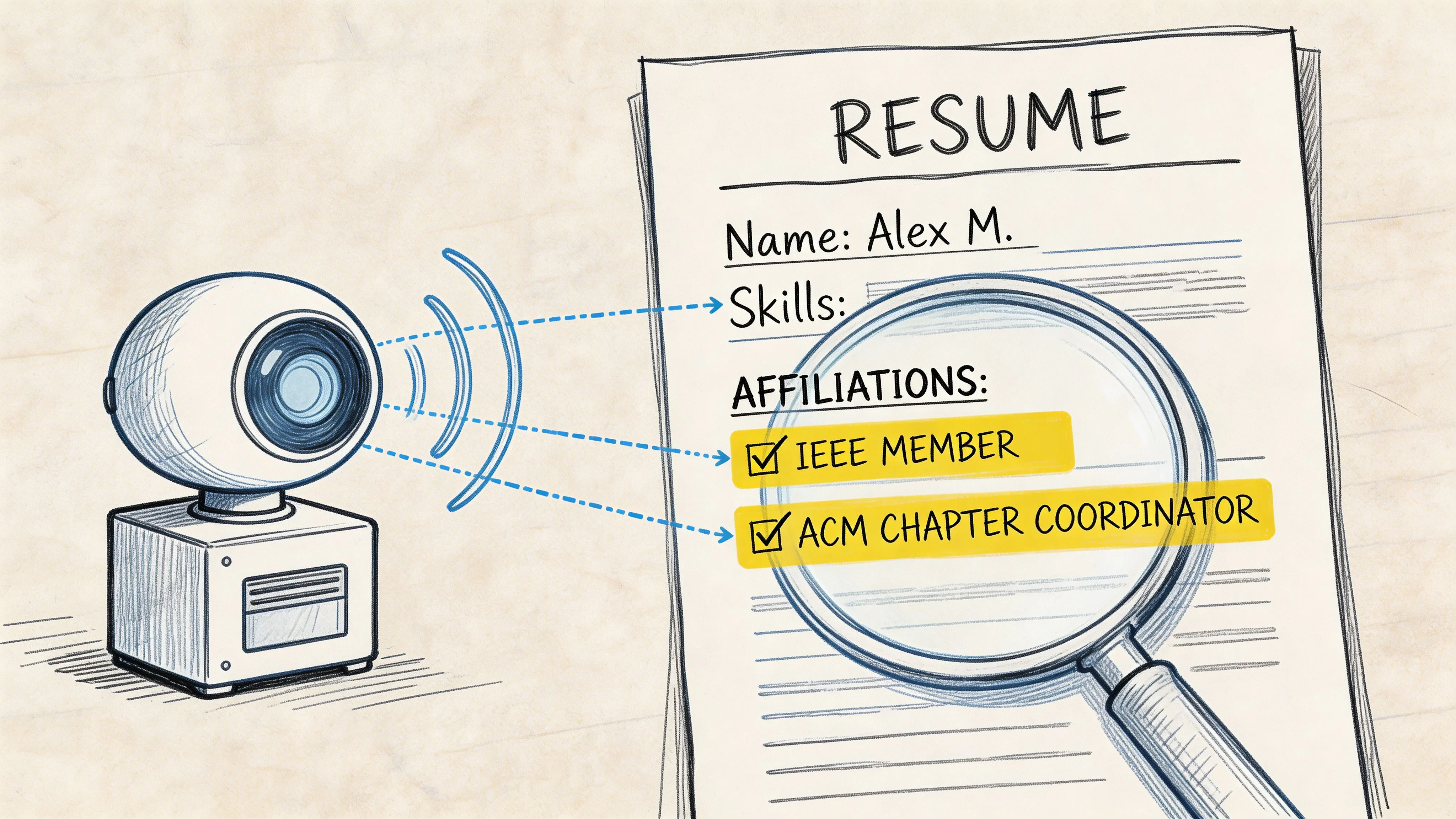A magnifying glass and a camera scanning a resume to highlight professional affiliations and member status.