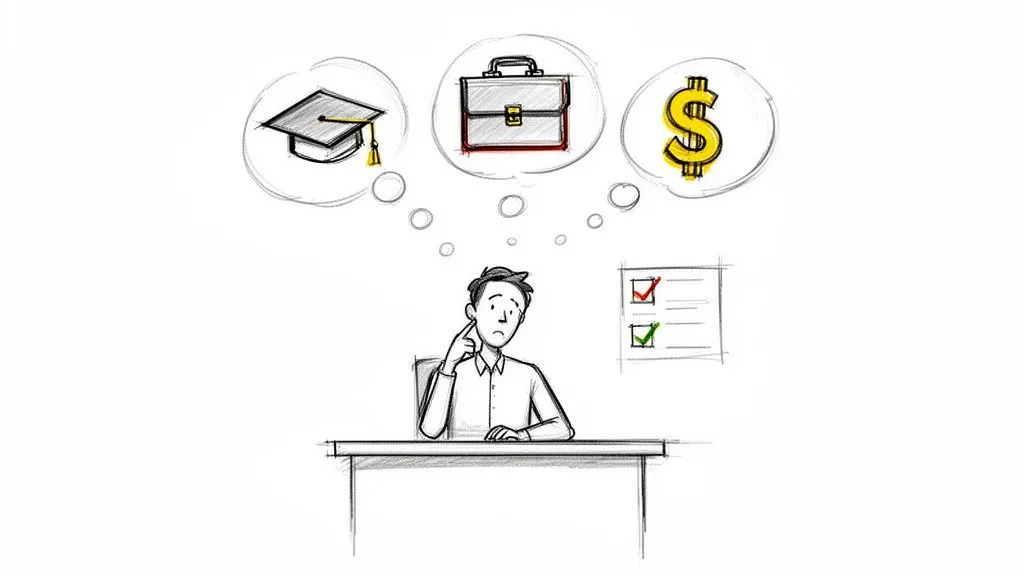 A thoughtful person considers education, career, and money, looking at a checklist with choices.