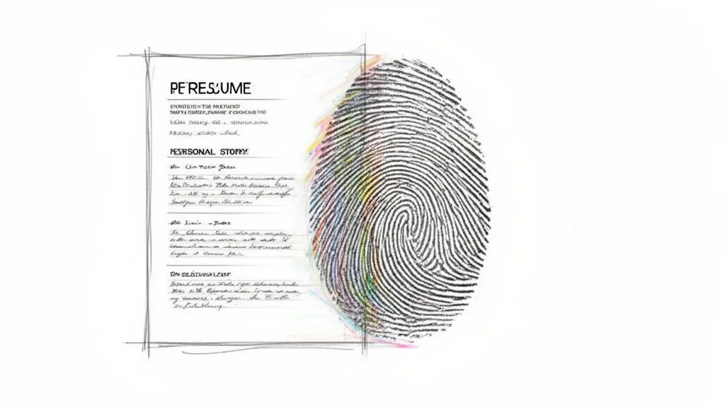 Artistic resume document showing personal story text with a vibrant, colorful fingerprint overlay.