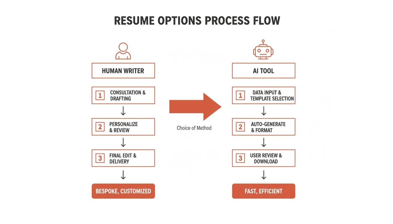 A process flow chart comparing human writer and AI tool methods for resume creation, highlighting bespoke vs. efficient outcomes.