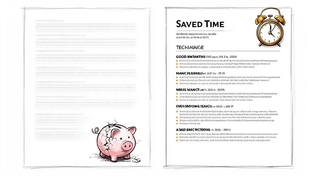 Two documents showing 'SAVED TIME' with an alarm clock, and a broken piggy bank, representing efficiency and savings.