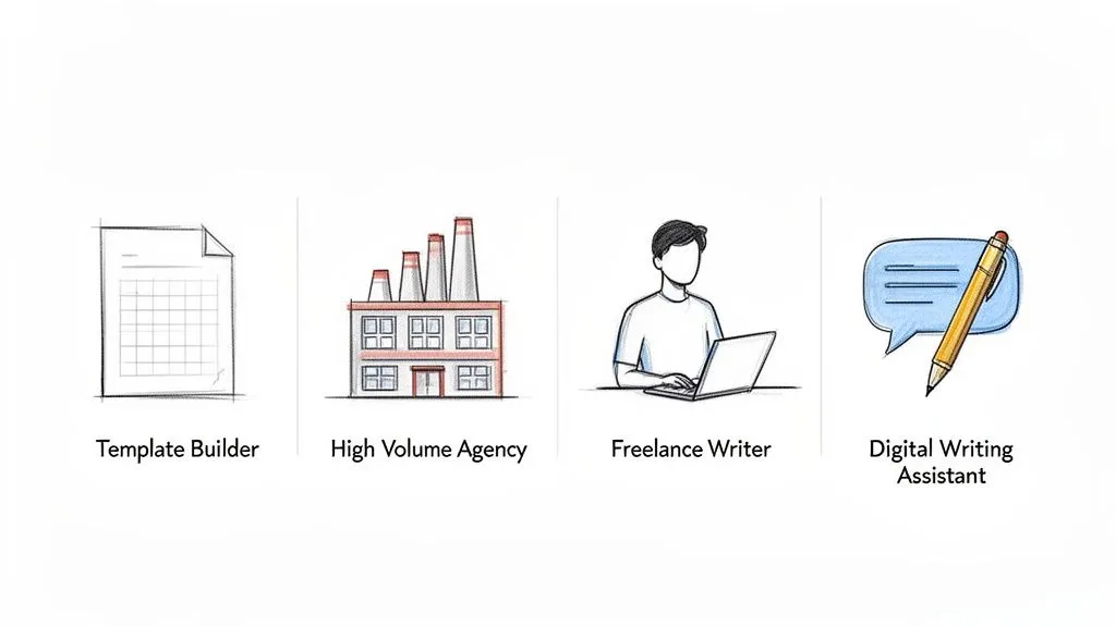 Illustrations of a template builder, high-volume agency, freelance writer, and digital writing assistant options.