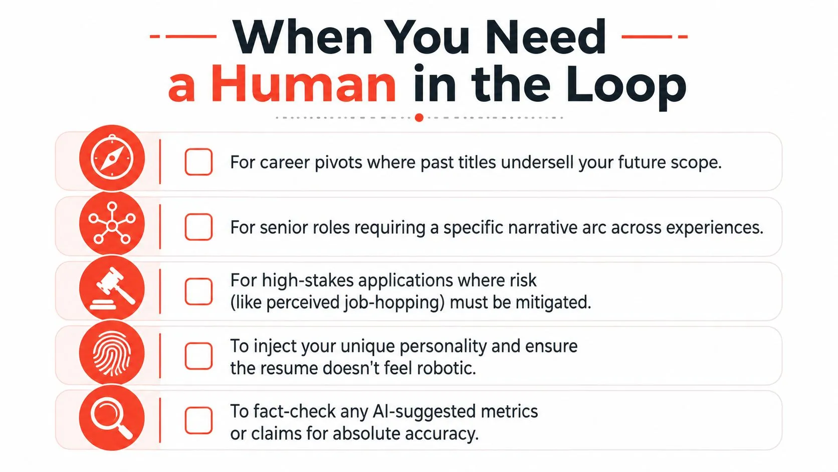 A list of five situations when a human expert should review AI-generated resume content for accuracy and tone.
