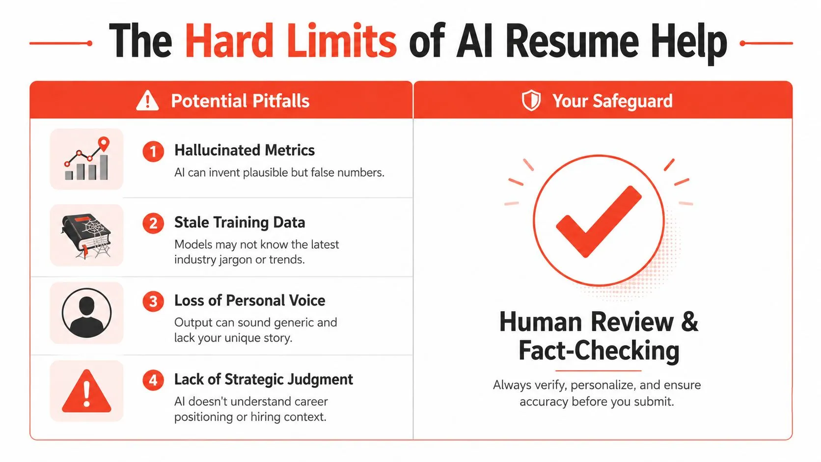 An infographic titled The Hard Limits of AI Resume Help listing four common risks for job seekers.
