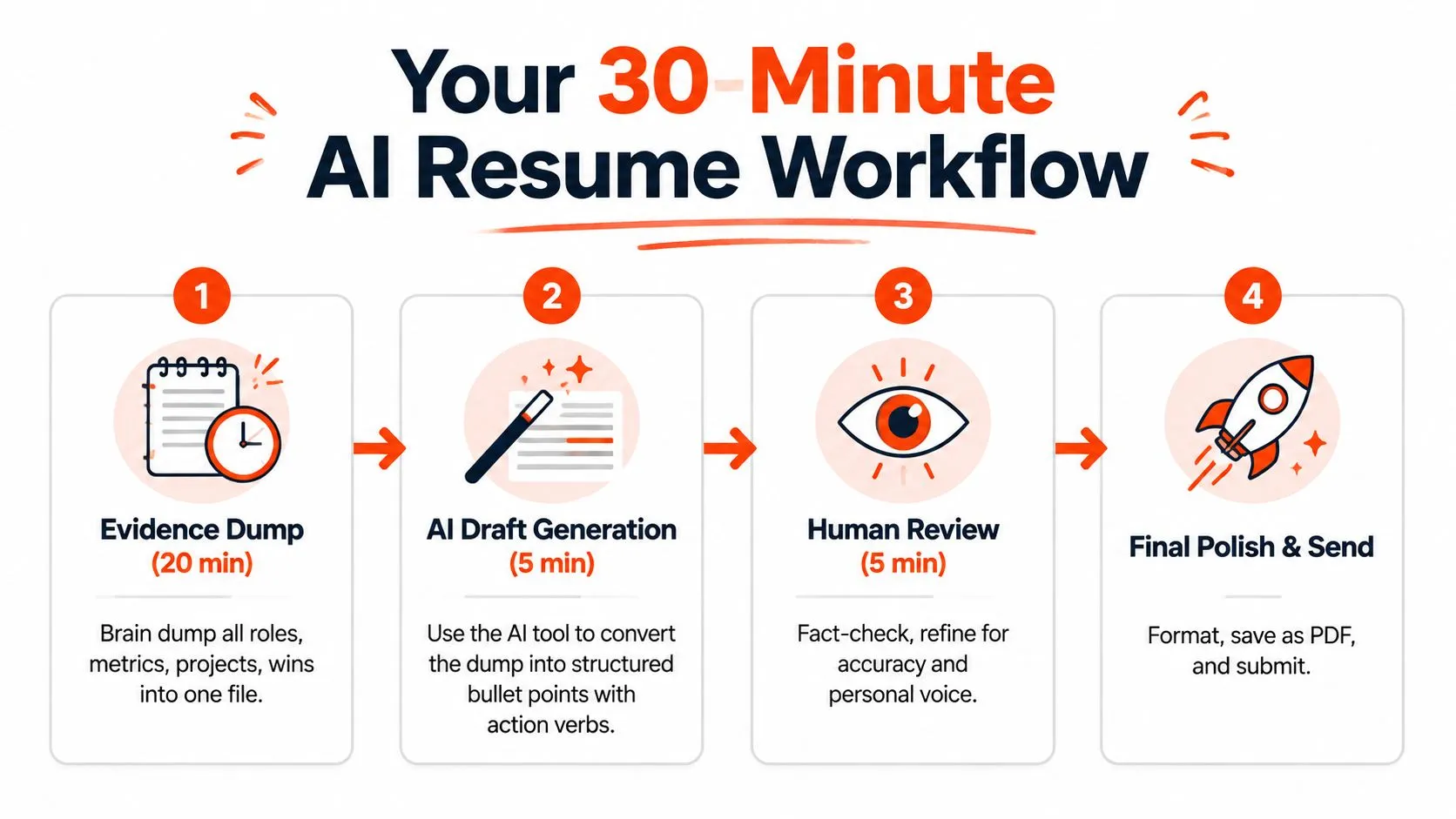 A four-step infographic illustrating a 30-minute AI resume writing workflow for career seekers.