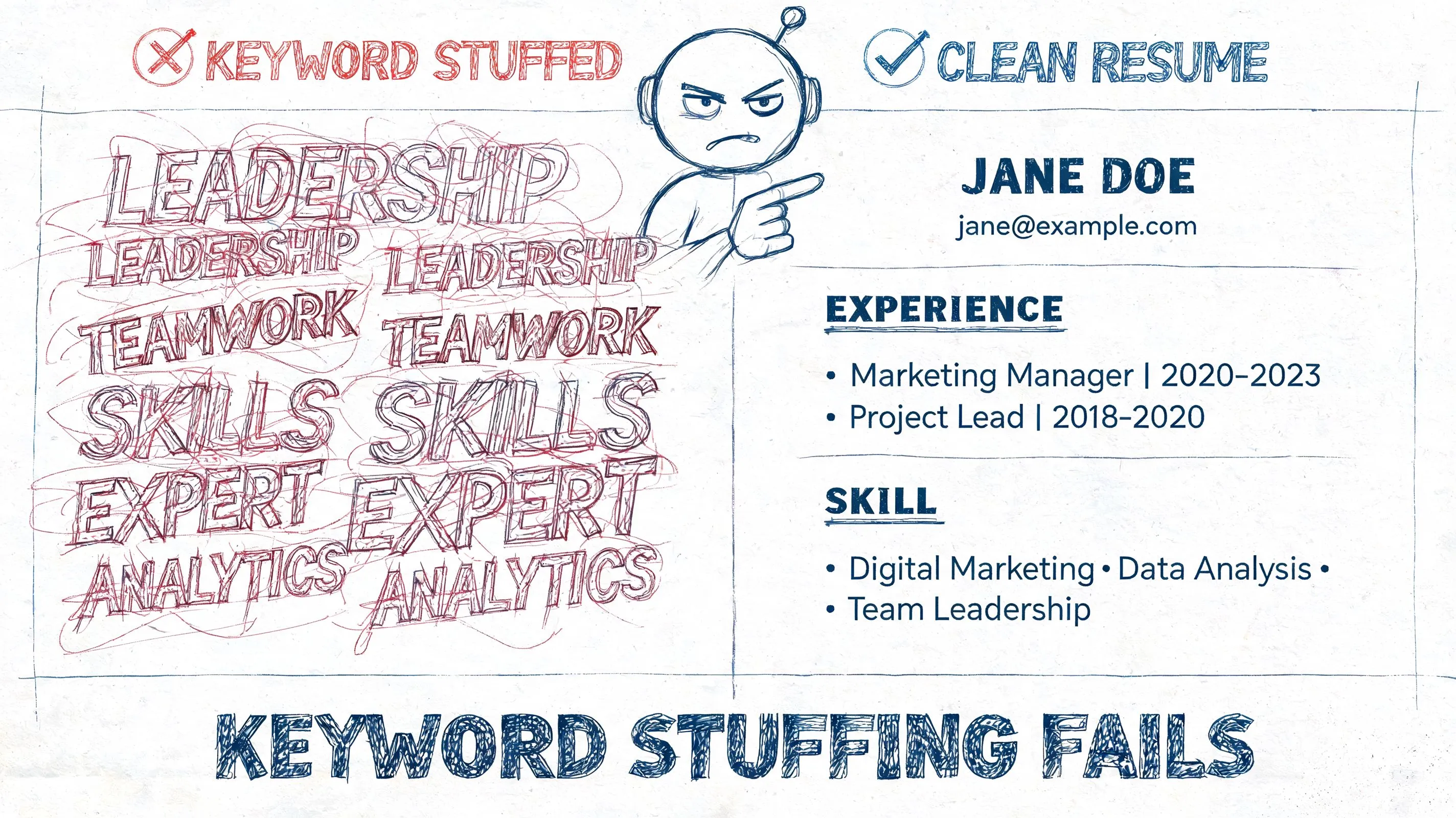 A visual comparison between a messy resume with keyword stuffing and a clean, organized resume layout.