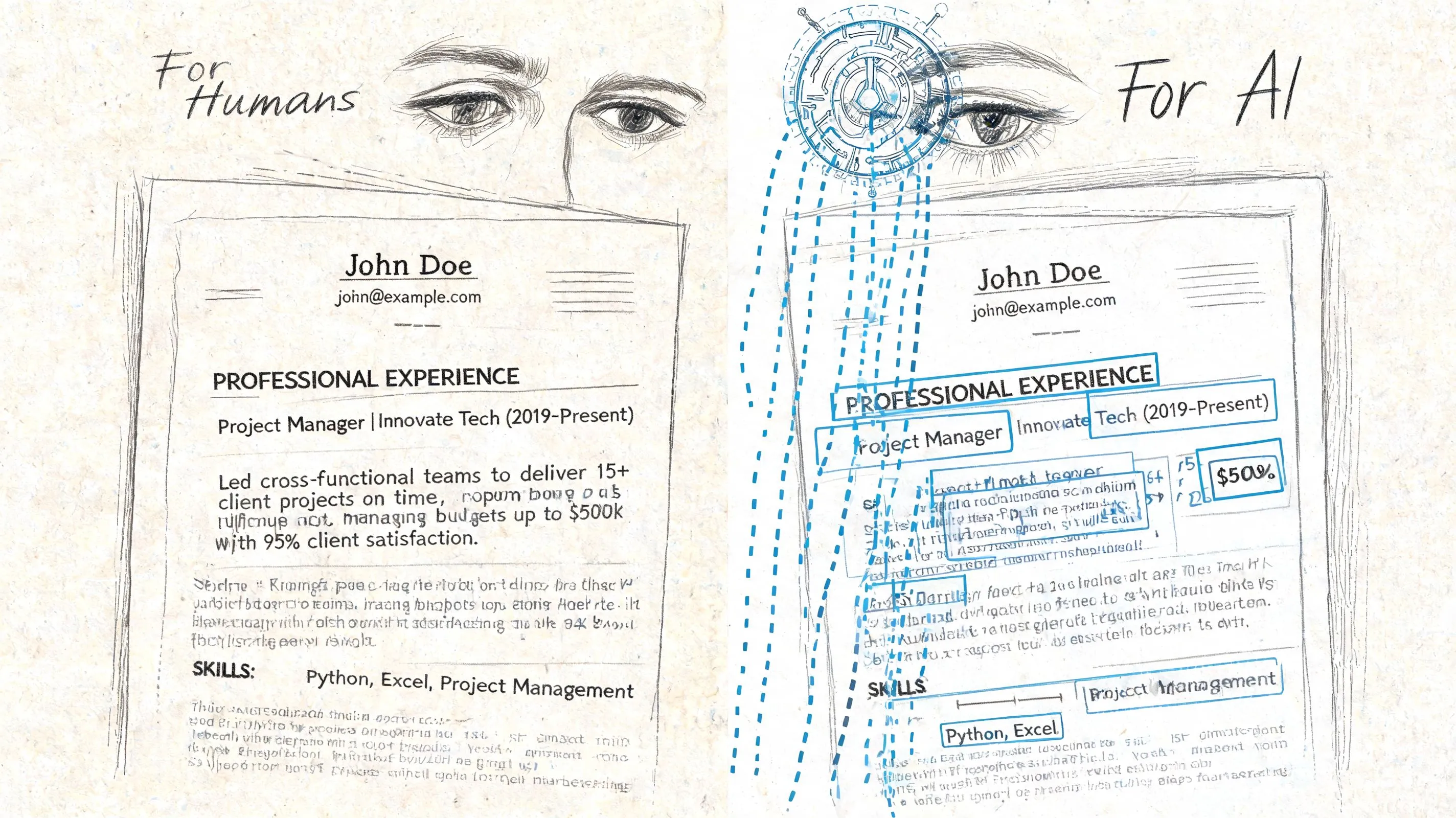A split image contrasting how human recruiters read a resume versus how AI systems analyze resume data.