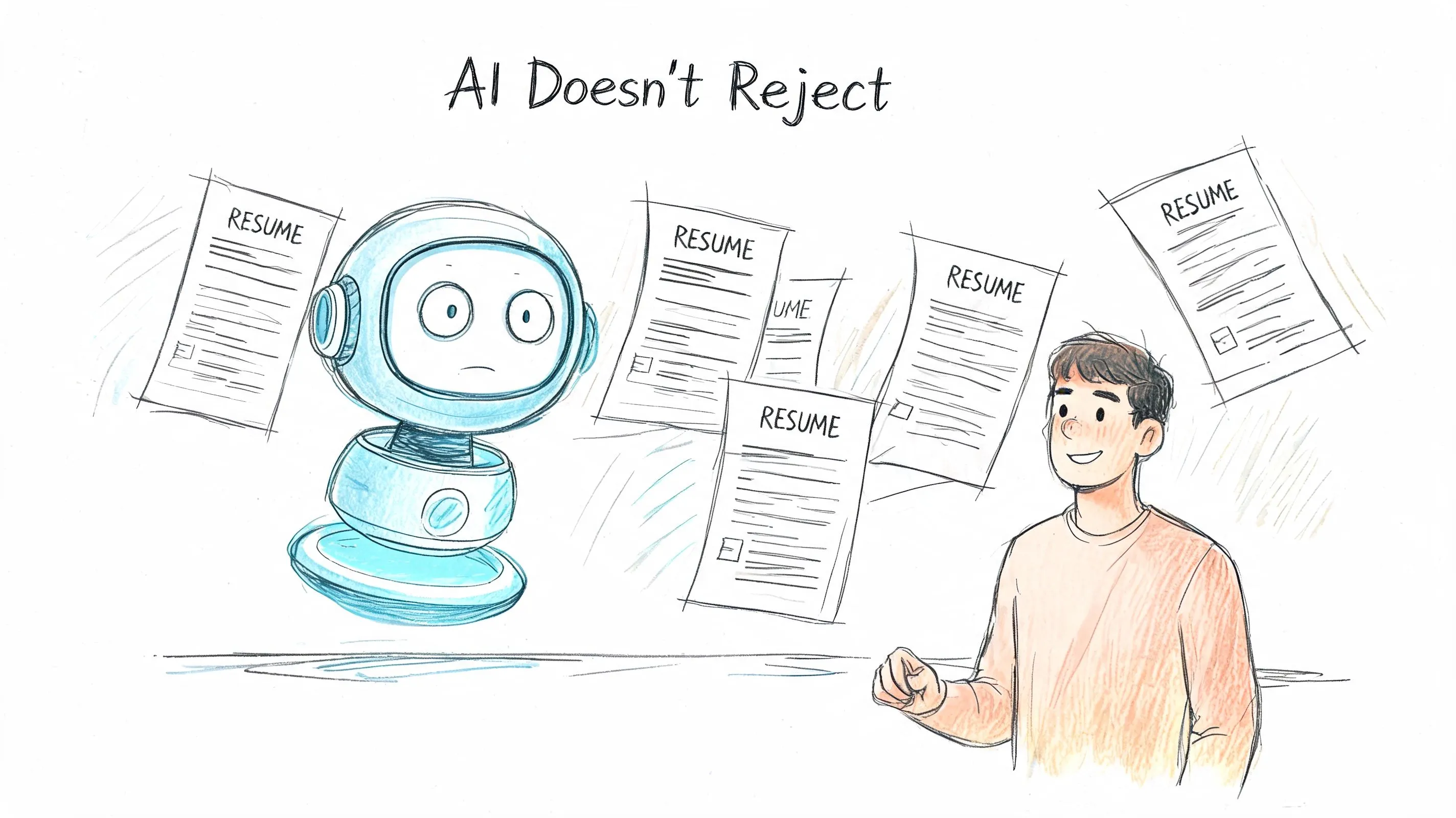 A robot interacting with a man surrounded by floating resumes, illustrating AI in job application screening.