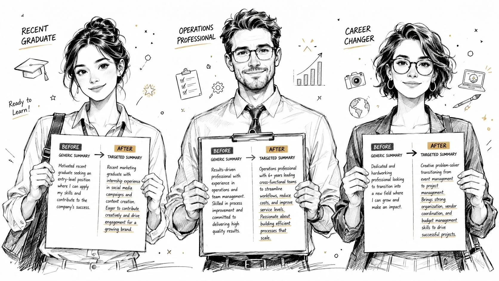 Three professionals hold signs comparing generic resume summaries with improved, targeted versions for different career stages.