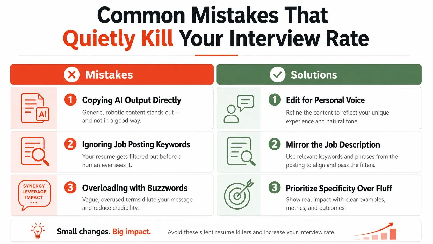 A graphic showing three common resume mistakes and their corresponding solutions to improve interview invitation rates.