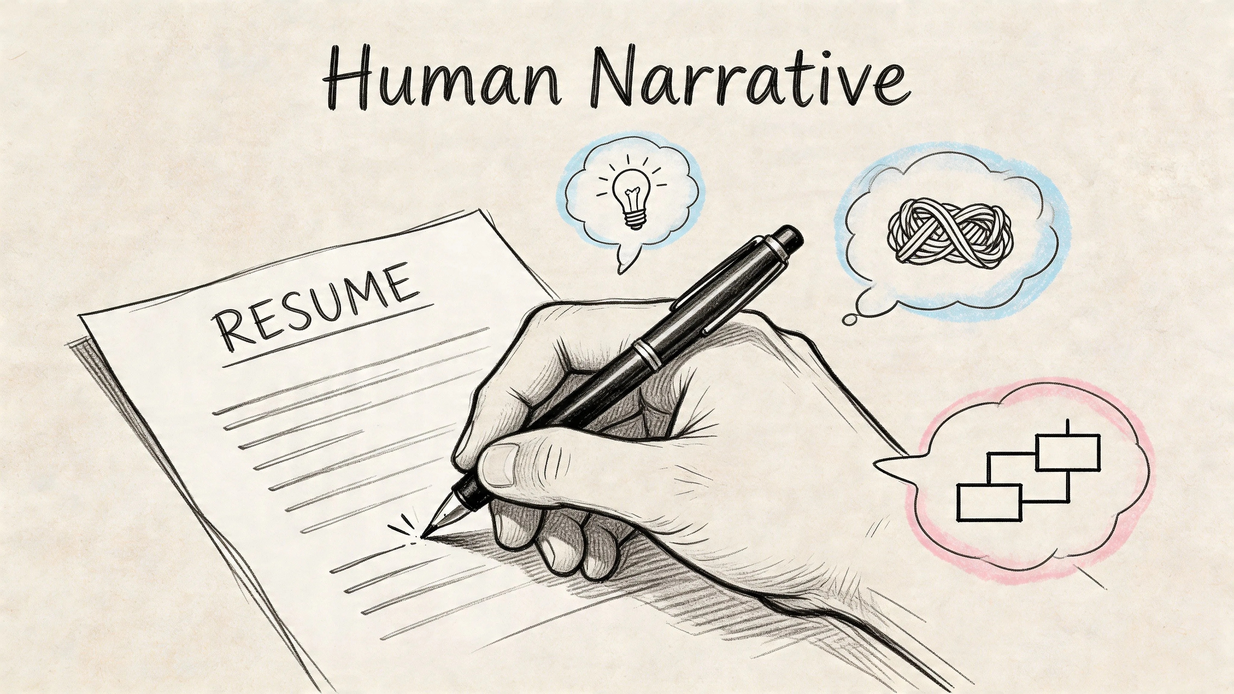 A hand drawing a resume with thought bubbles representing idea generation, complex thinking, and structured career planning.