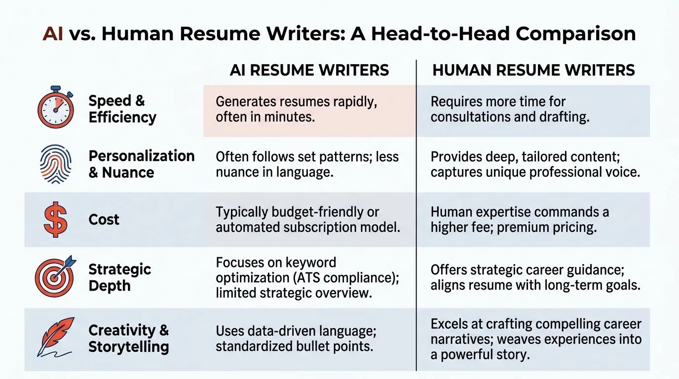 A comparison chart showing the differences between AI resume writers and human professional resume writing services.