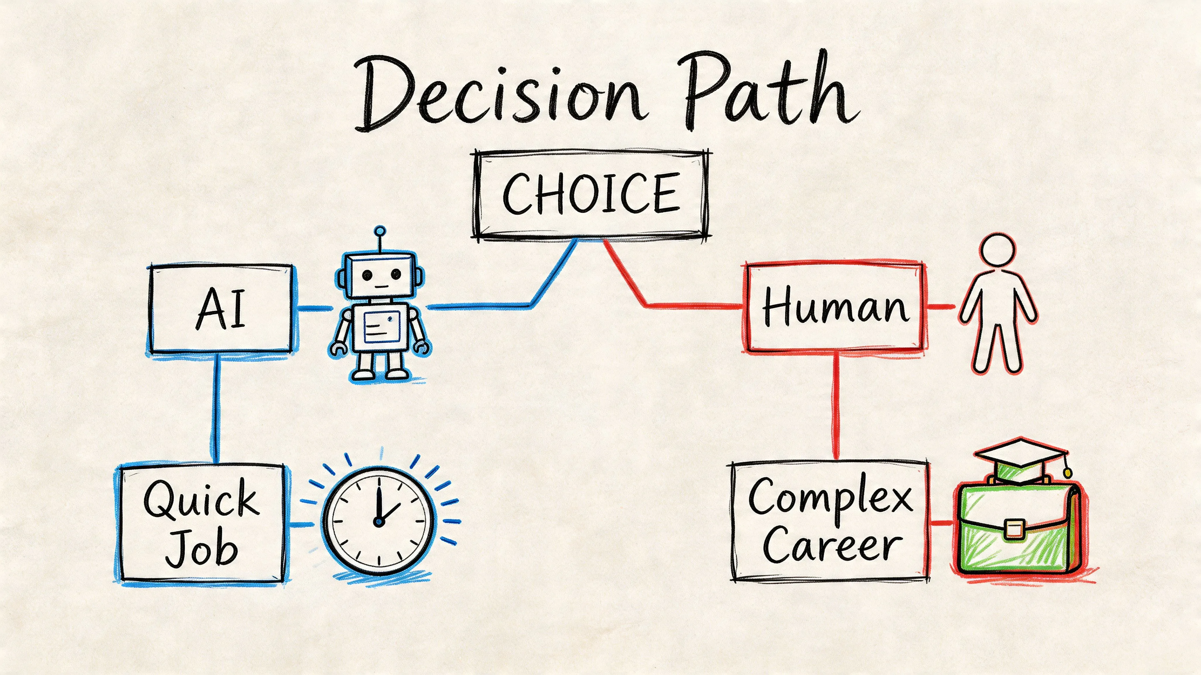 A hand-drawn flowchart diagram contrasting AI-generated quick jobs with human-led complex career development paths.