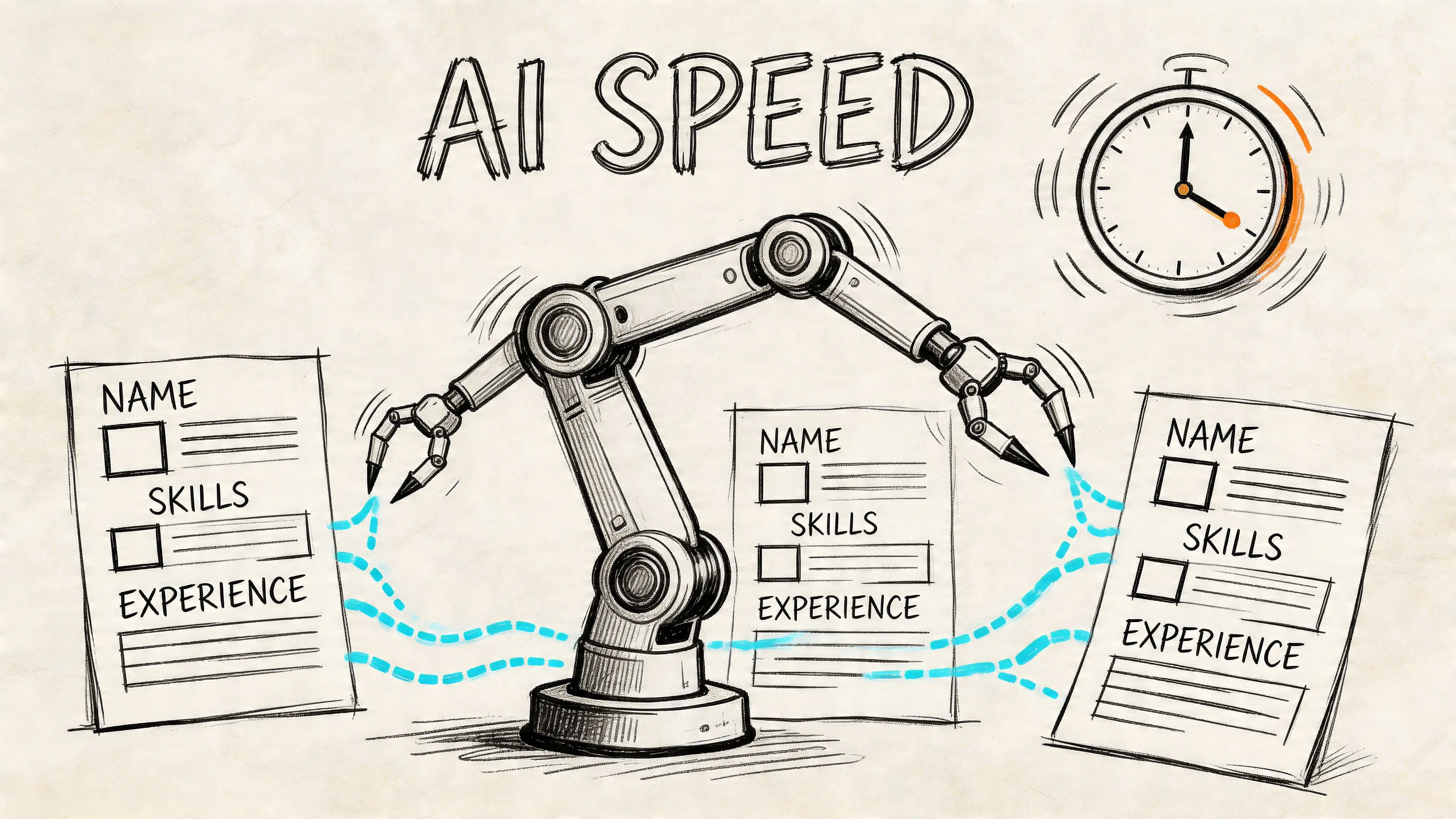 A robotic arm processing multiple resume documents rapidly, representing AI-driven automated resume screening and recruitment technology.