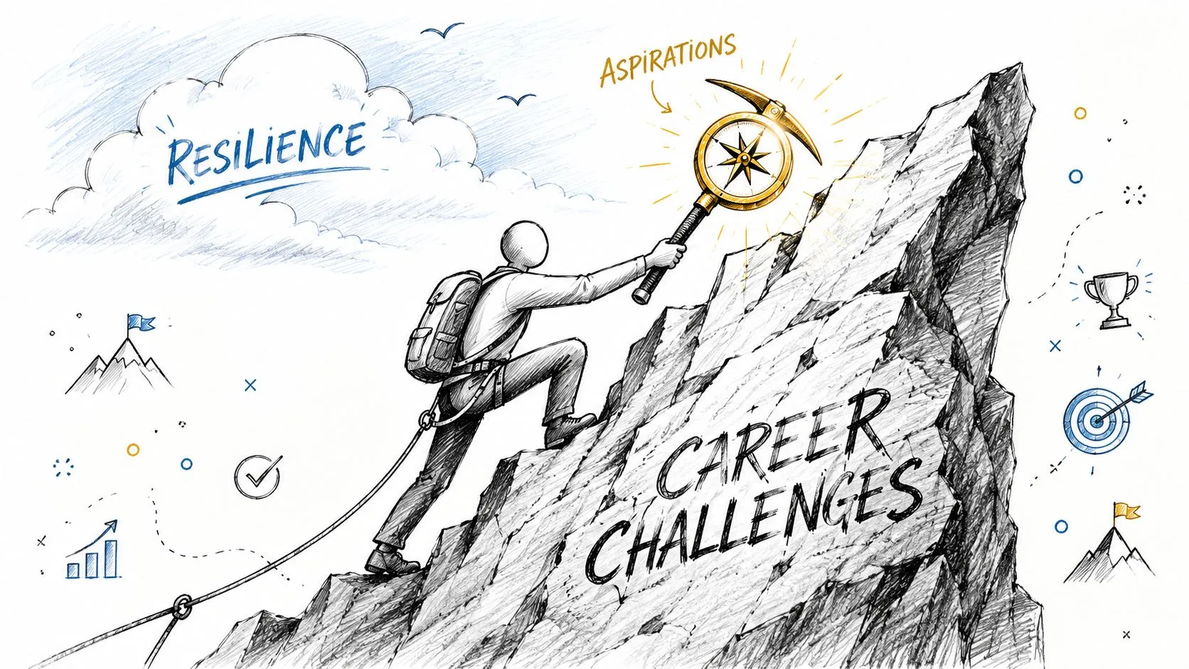 An illustration of a person climbing a steep mountain labeled career challenges while holding a compass tool representing aspirations.