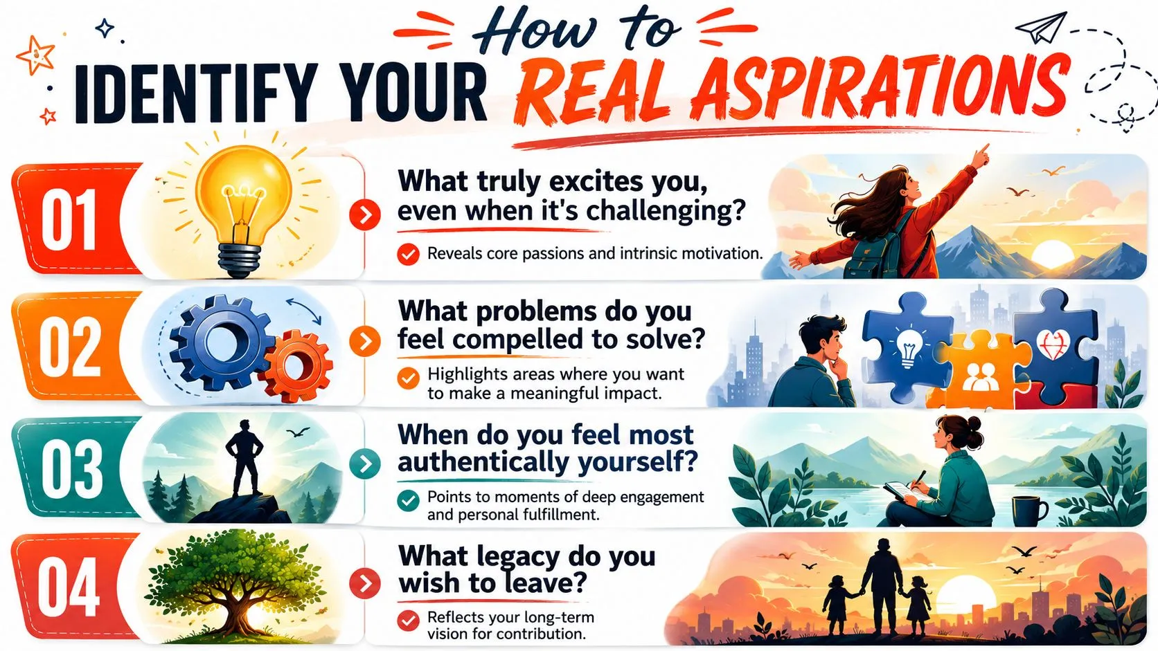 An infographic titled How to Identify Your Real Aspirations, featuring four numbered steps with illustrative icons.
