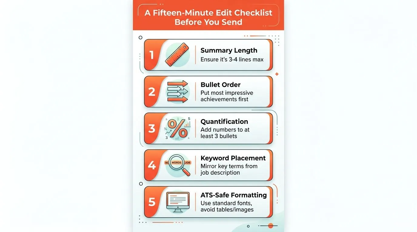 A five step resume checklist for job seekers to edit their document within fifteen minutes before sending.