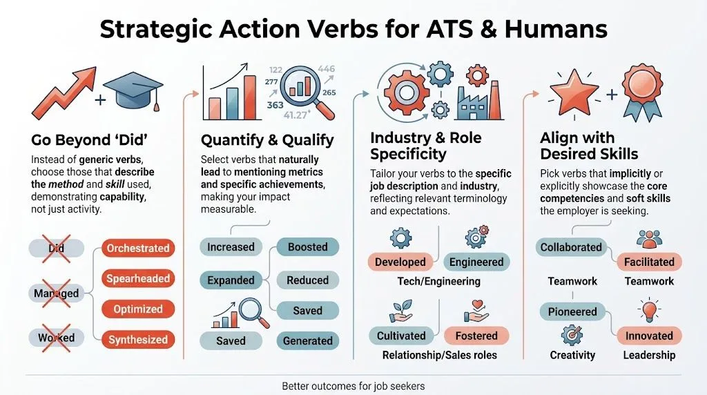 An infographic showing strategic action verbs to use in resumes for better ATS and human recognition.