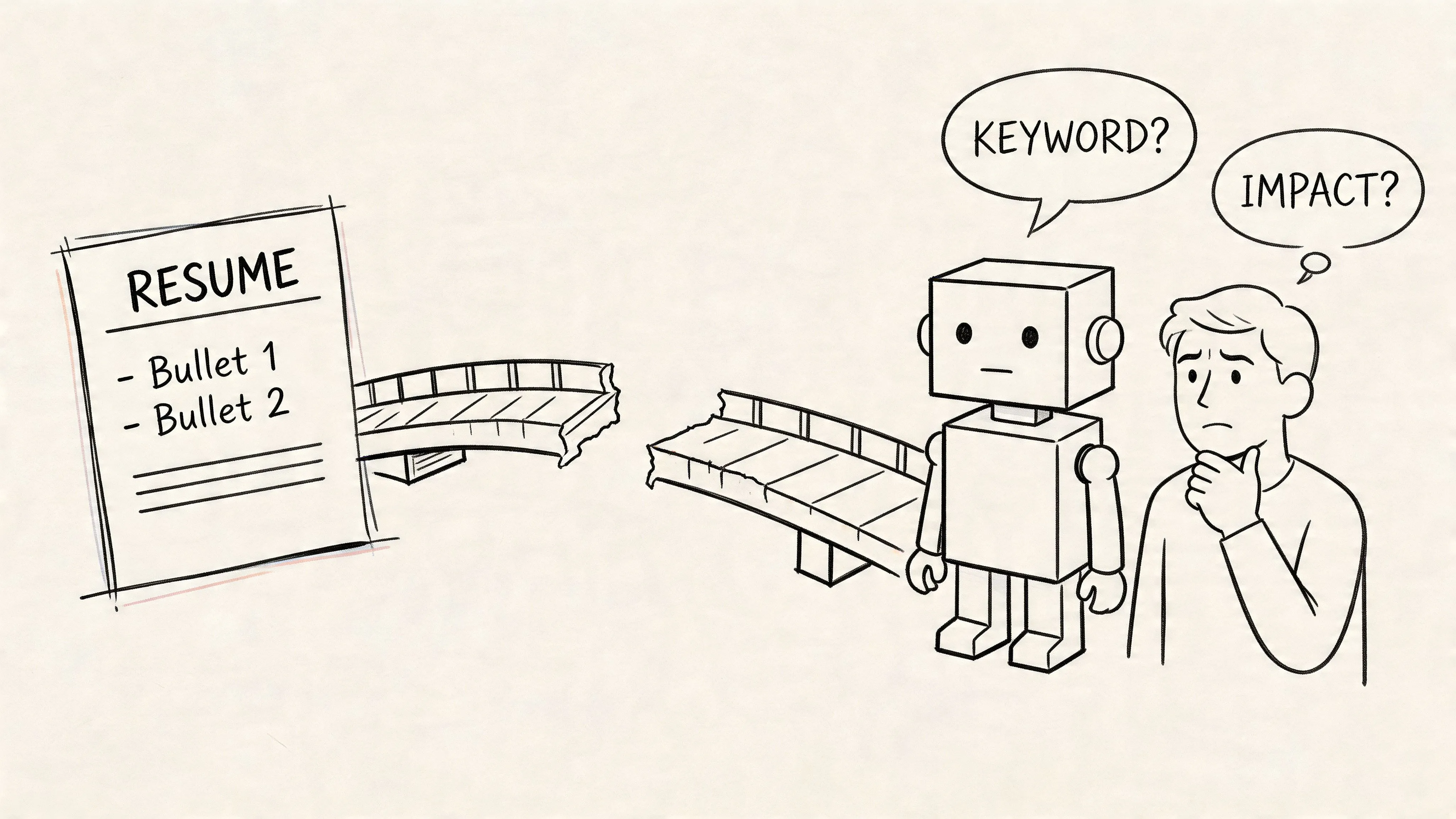 A robot and a person pondering resume optimization while facing a broken bridge toward a document.
