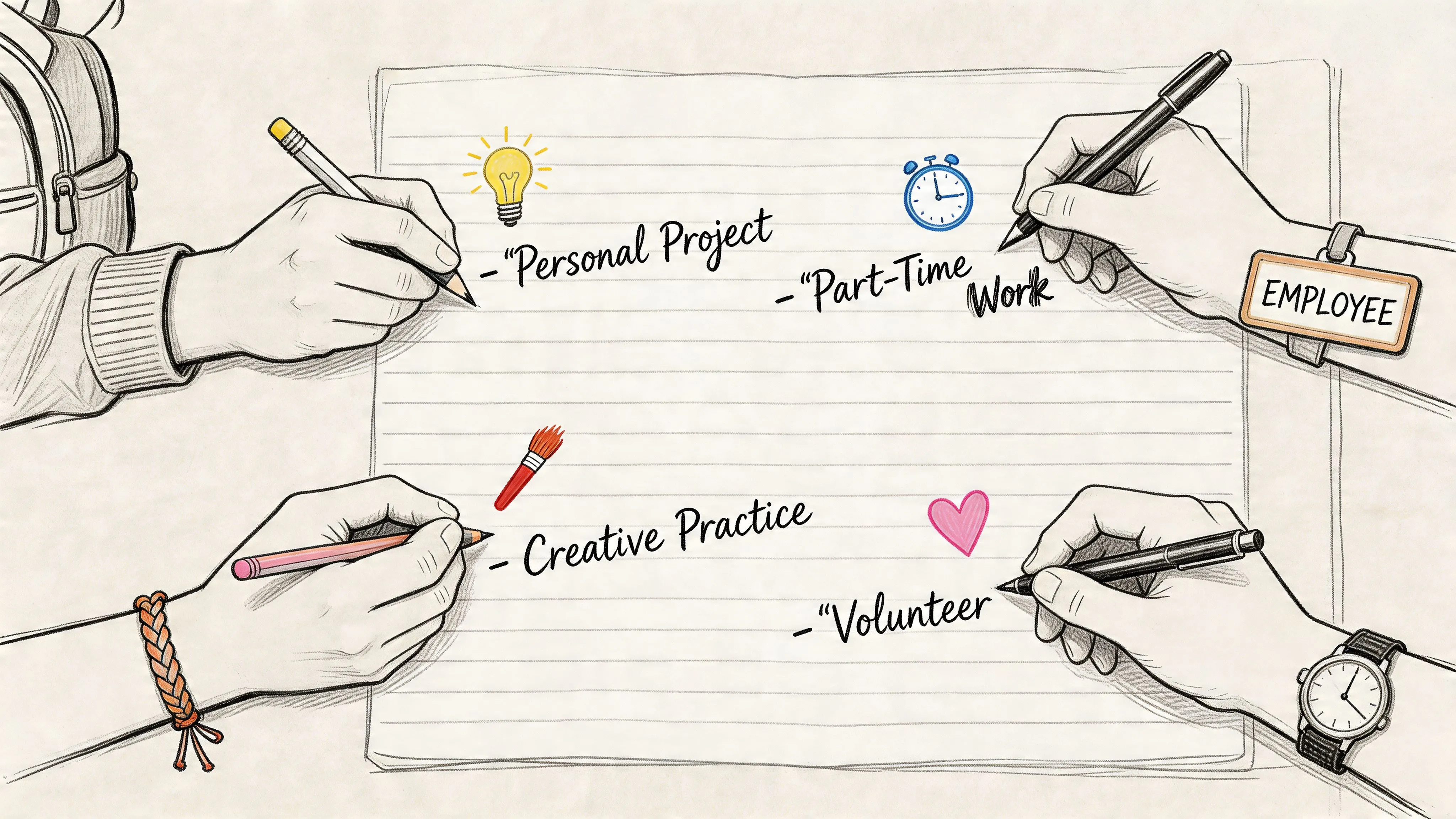 Four diverse hands sketching out resume bullet points for personal projects, work, and volunteering on a notebook.