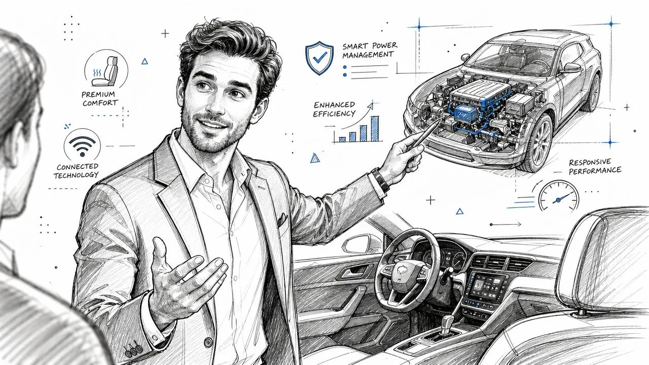 A professional car salesman explaining technical features of a new vehicle to a customer in a sketch style.