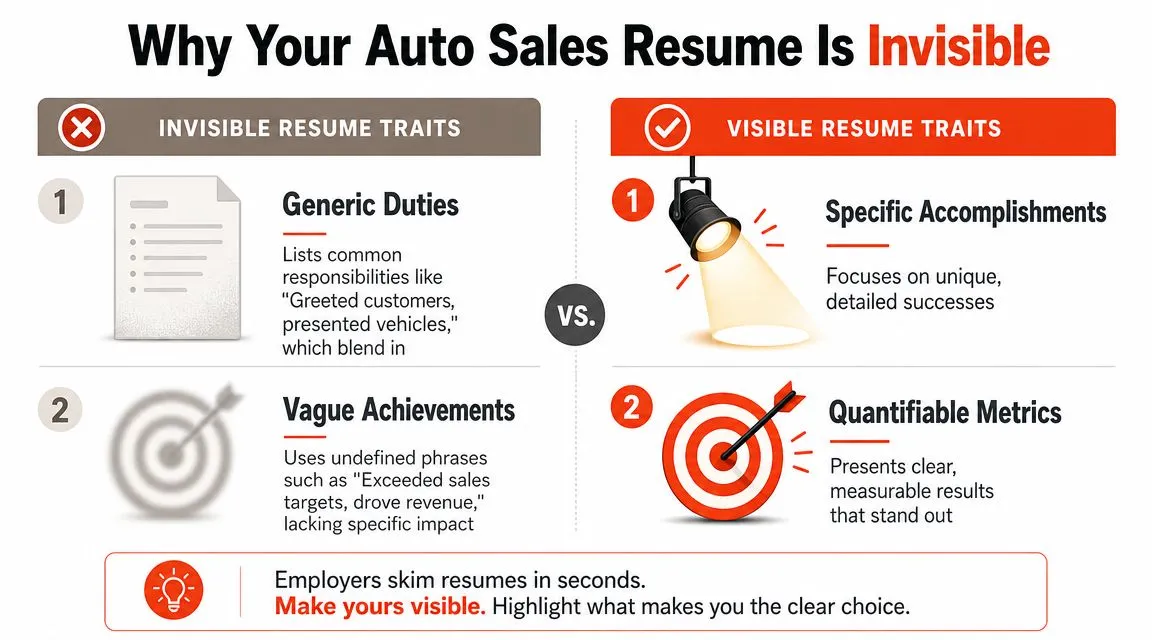 A comparison graphic showing why auto sales resumes are either invisible or visible to potential employers.