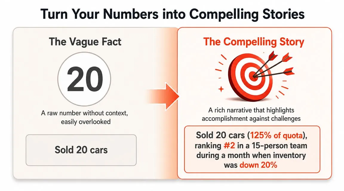 A diagram contrasting a vague sales figure with a compelling narrative that adds professional context.