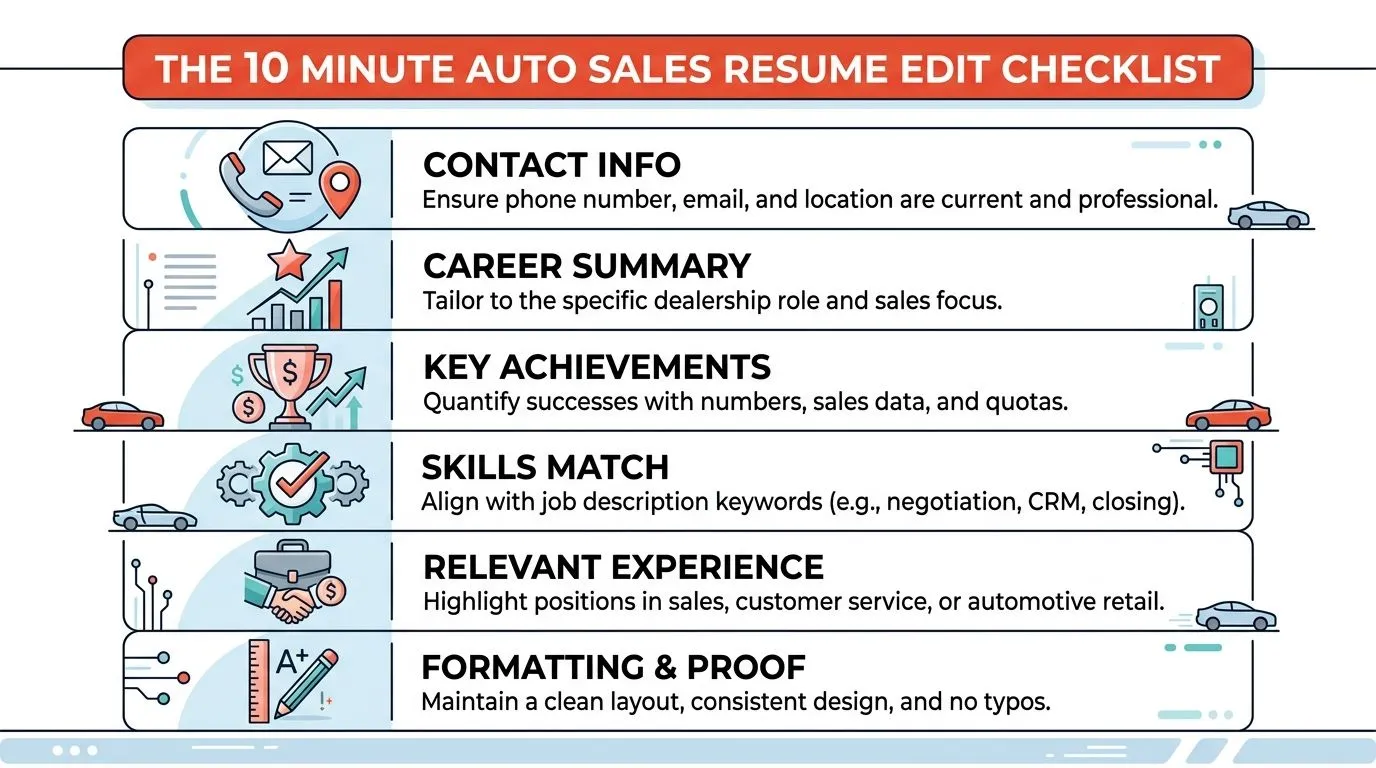 A checklist infographic titled The 10 Minute Auto Sales Resume Edit Checklist for job seekers.