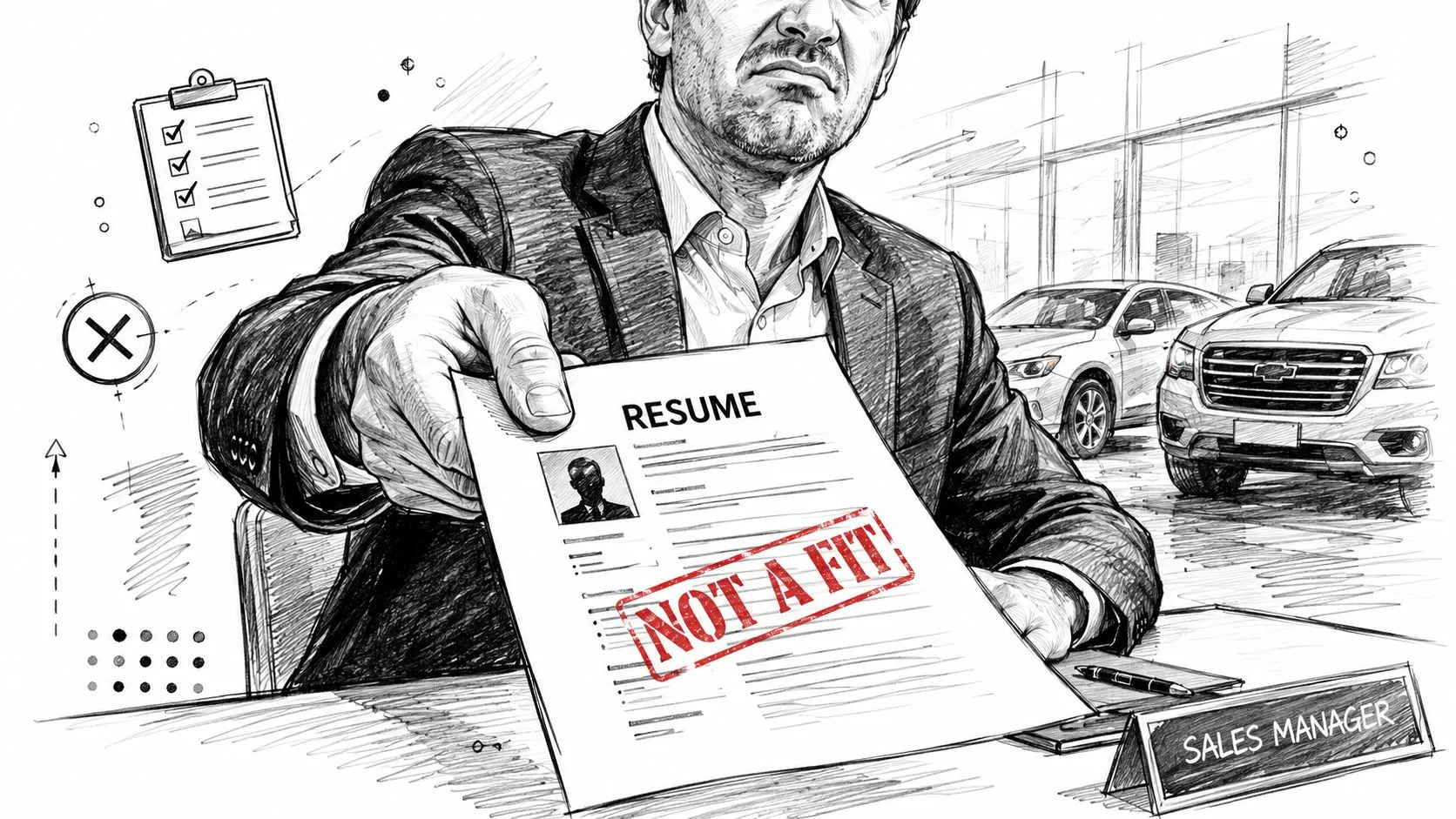 A sales manager in an office hands back a resume stamped with NOT A FIT.