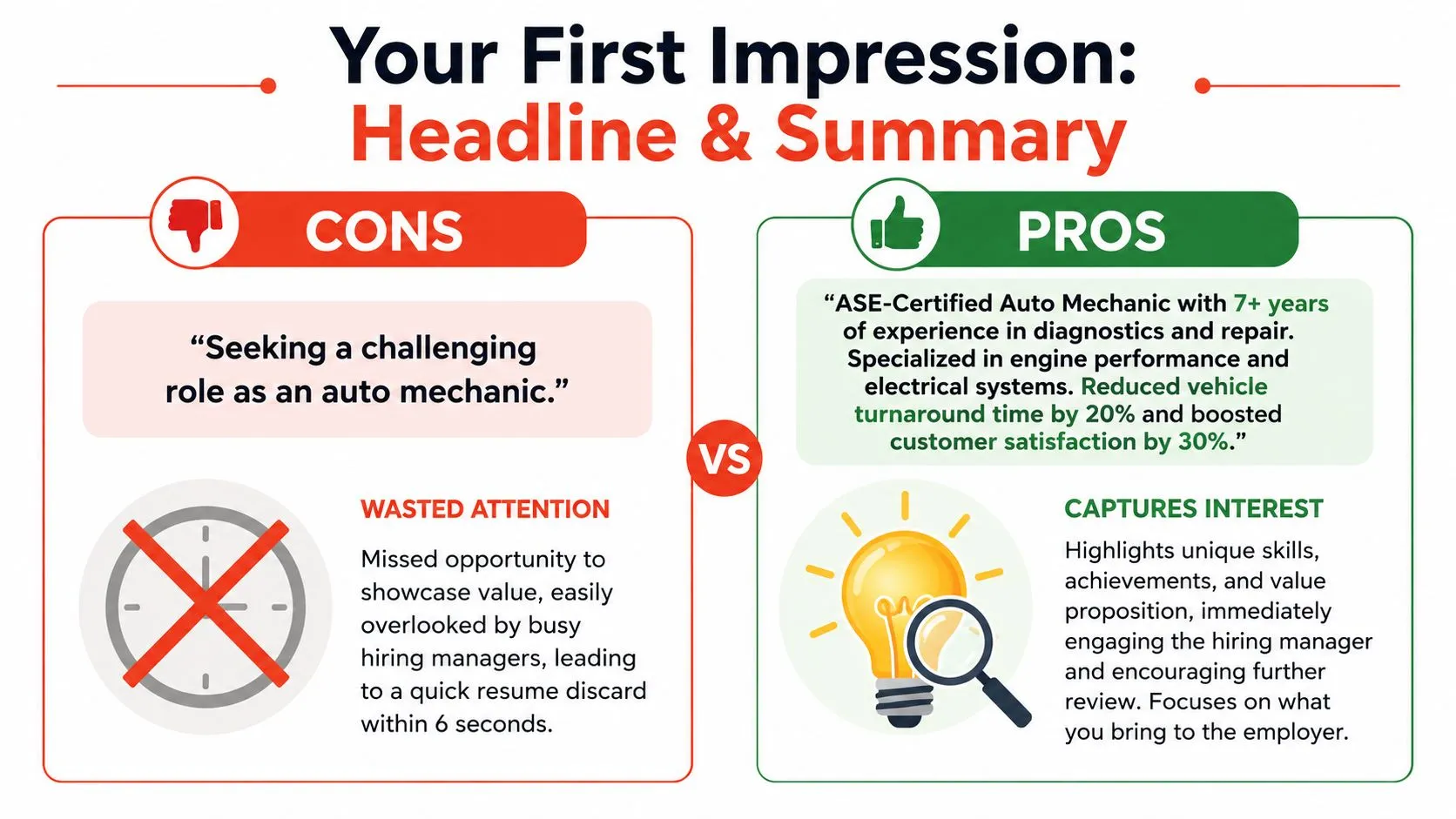 A comparison graphic showing effective versus ineffective resume summaries for an automobile mechanic professional.