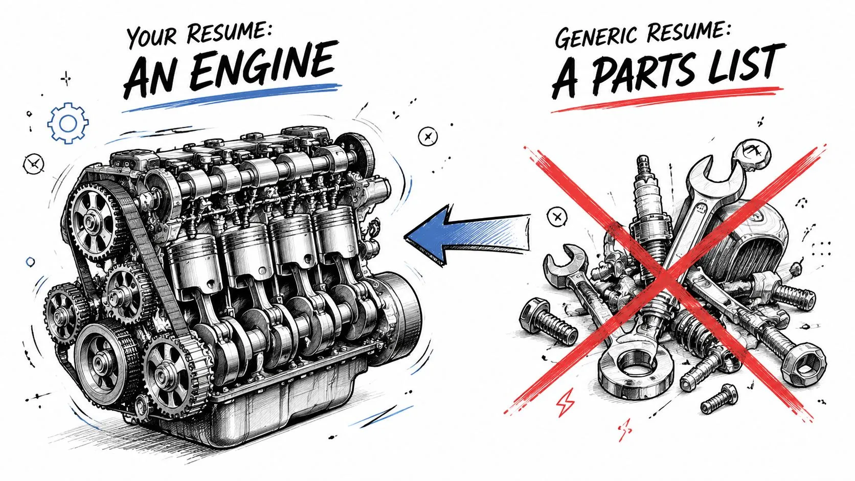 An illustration comparing a well-organized resume as an engine to a generic list of random parts.