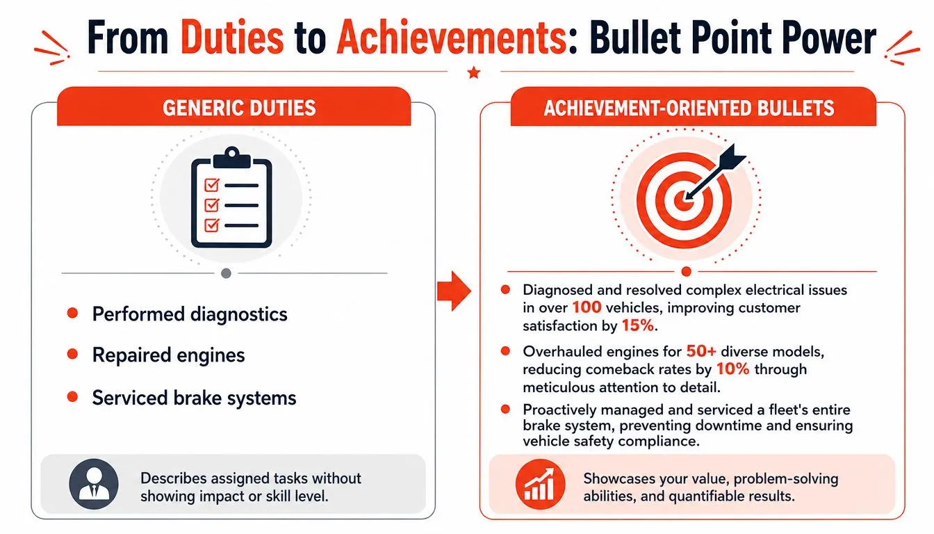 A comparison chart showing how to transform generic resume duties into impressive, achievement-oriented bullet points for mechanics.