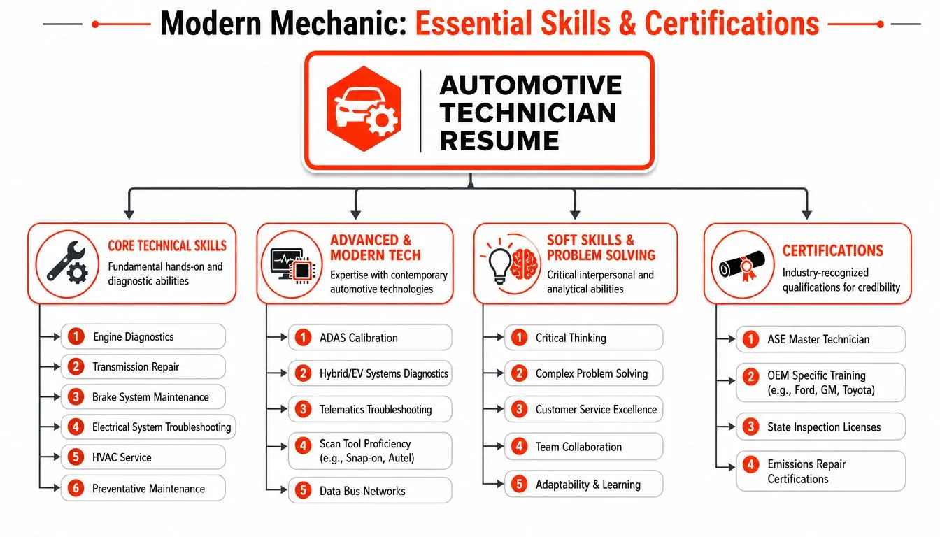 A diagram outlining the essential skills and certifications required for a modern automotive technician resume.
