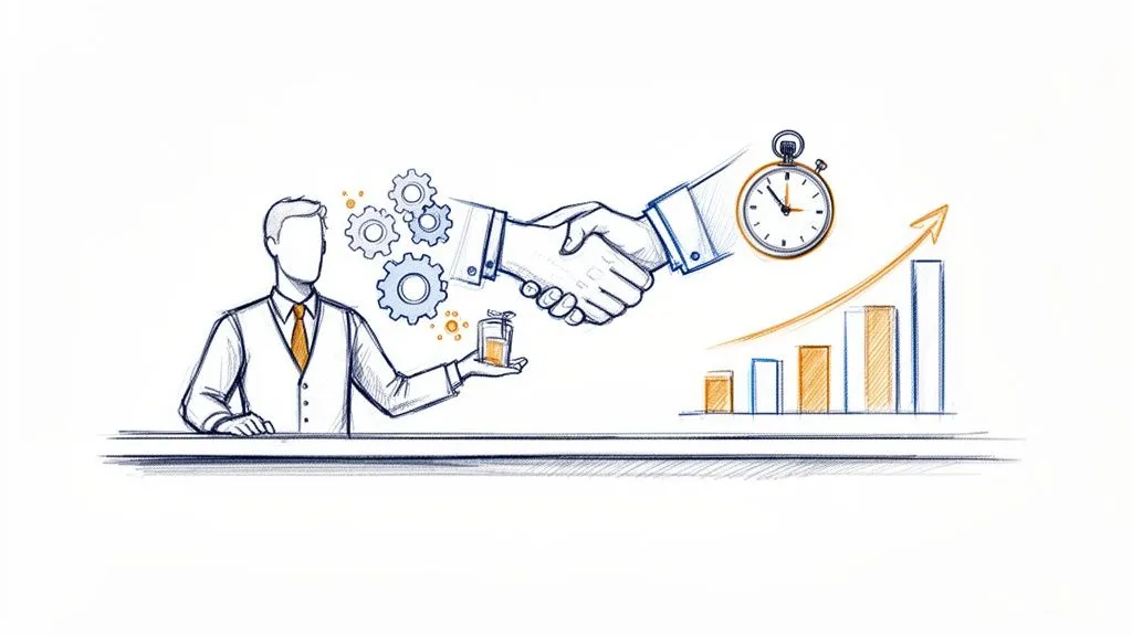 Hand-drawn illustration of business partnership, process, efficiency, and growth with a product and bar chart.