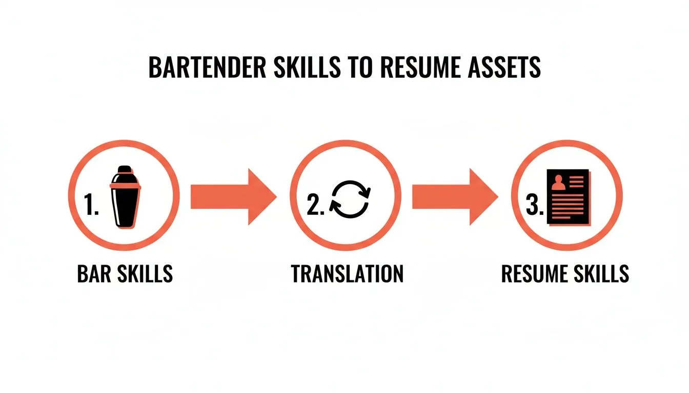 Flowchart illustrating the three steps to translate bartender skills into resume assets.
